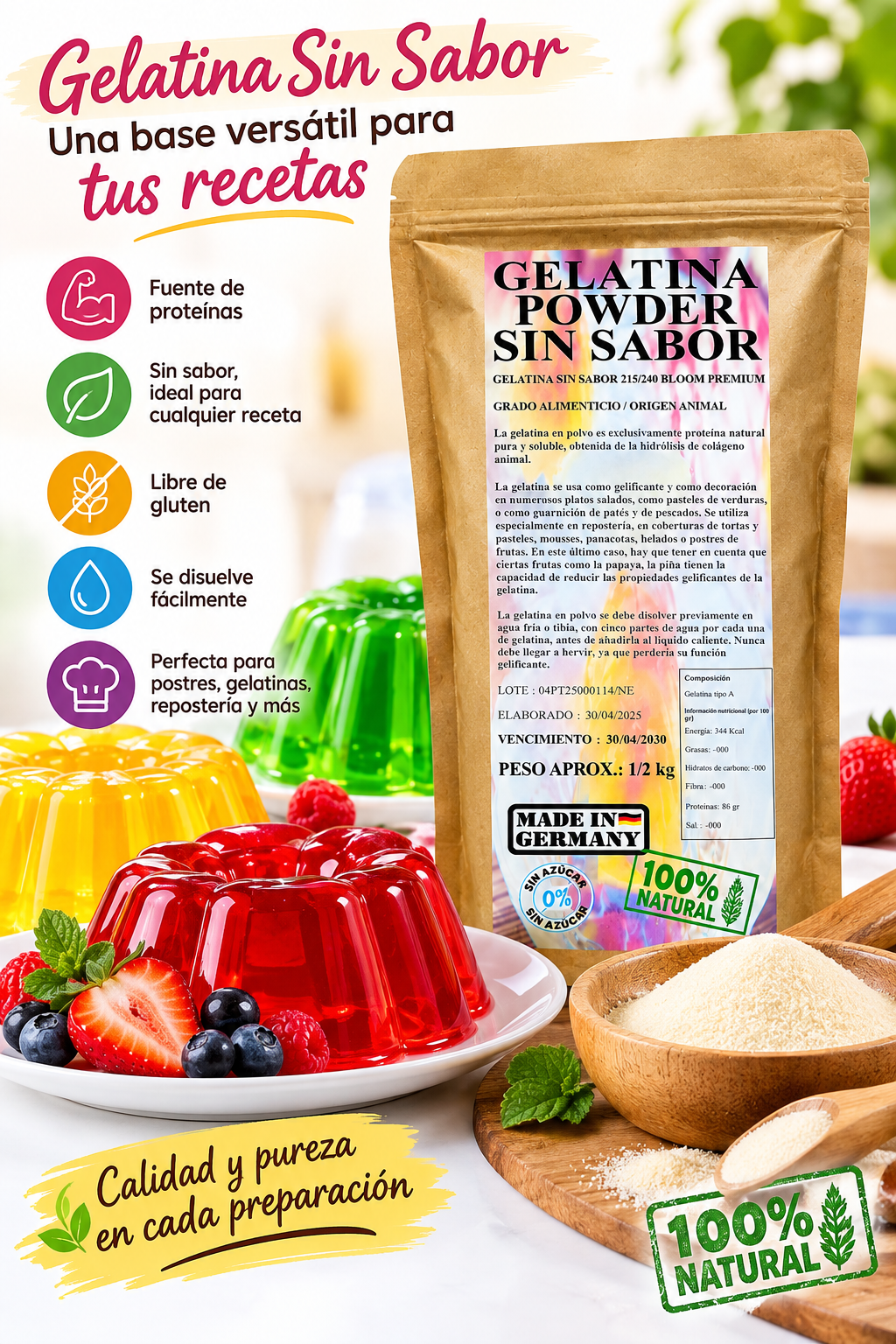 Gelatina En Polvo S/ Sabor Bloom Premium 1/2 Kg.